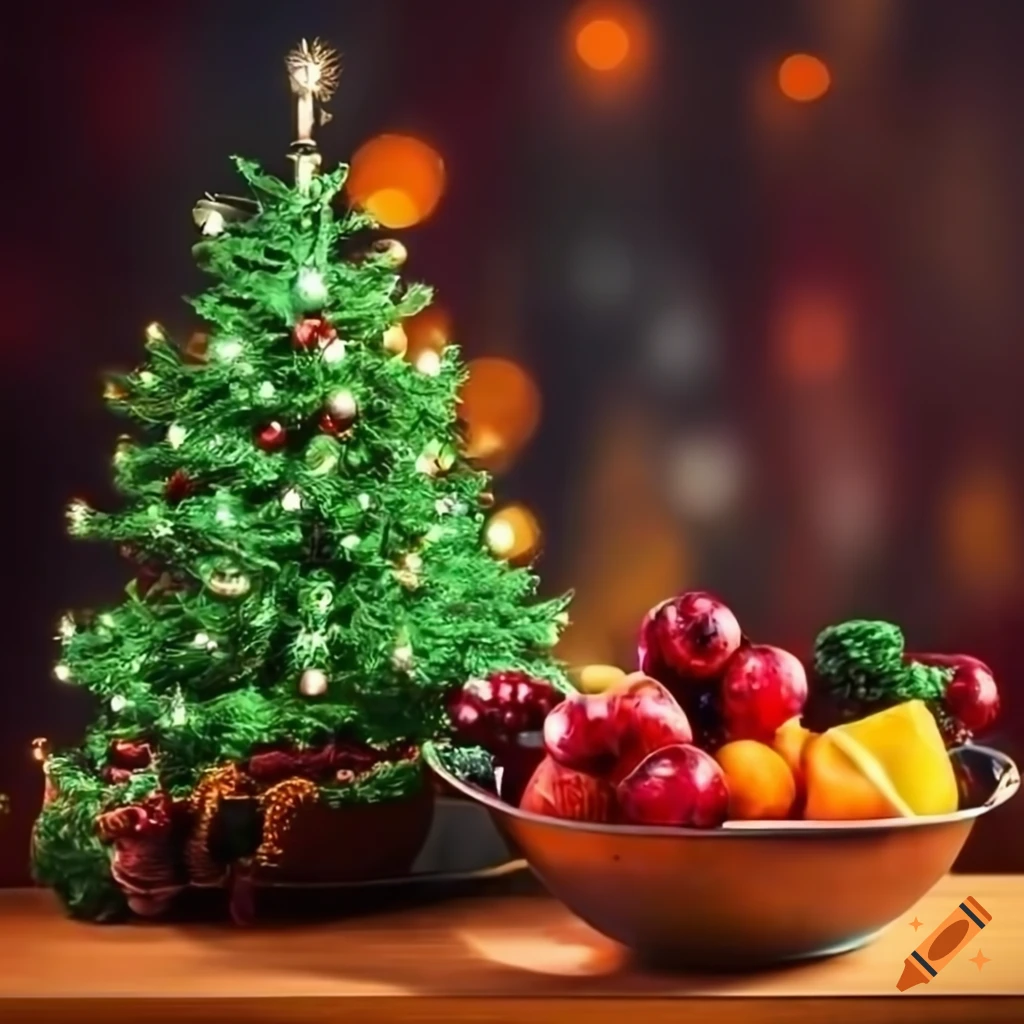 Christmas Tree With Fruit Bowl In Festive Room christmas-tree-with-fruit-bowl-in-festive-room