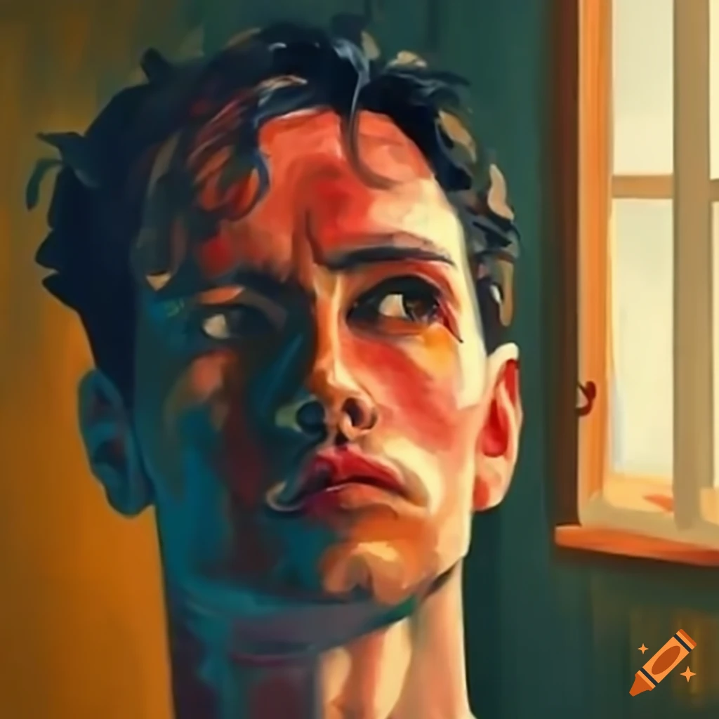 man looking out the window in deep thought