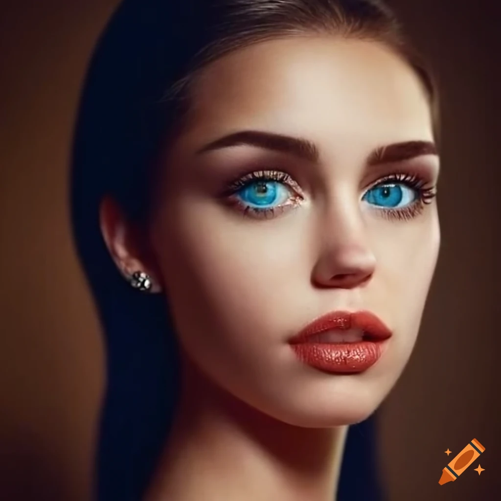 close-up portrait of a woman with dark hair and blue eyes