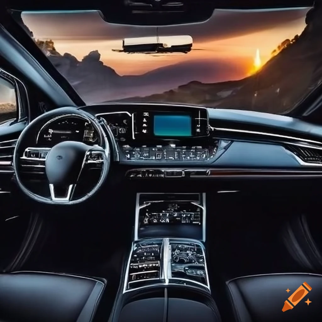cockpit of a sleek black luxury sedan