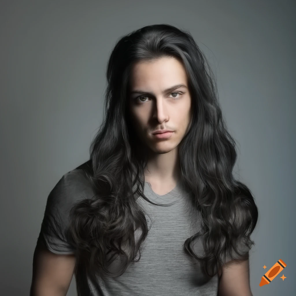 portrait of a handsome man with long black wavy hair