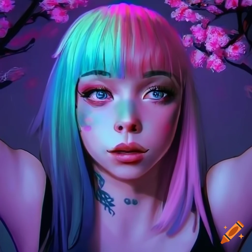 Realistic artwork of a cyberpunk girl with pink and blue hair