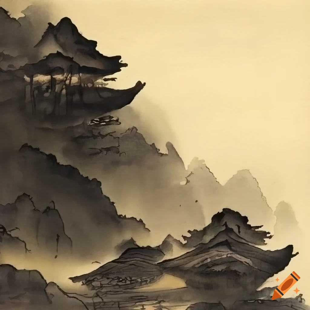 Chinese landscape painting with black ink strokes on Craiyon