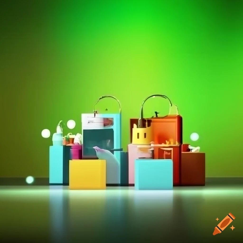 futuristic retail display with tech icons and bright green background