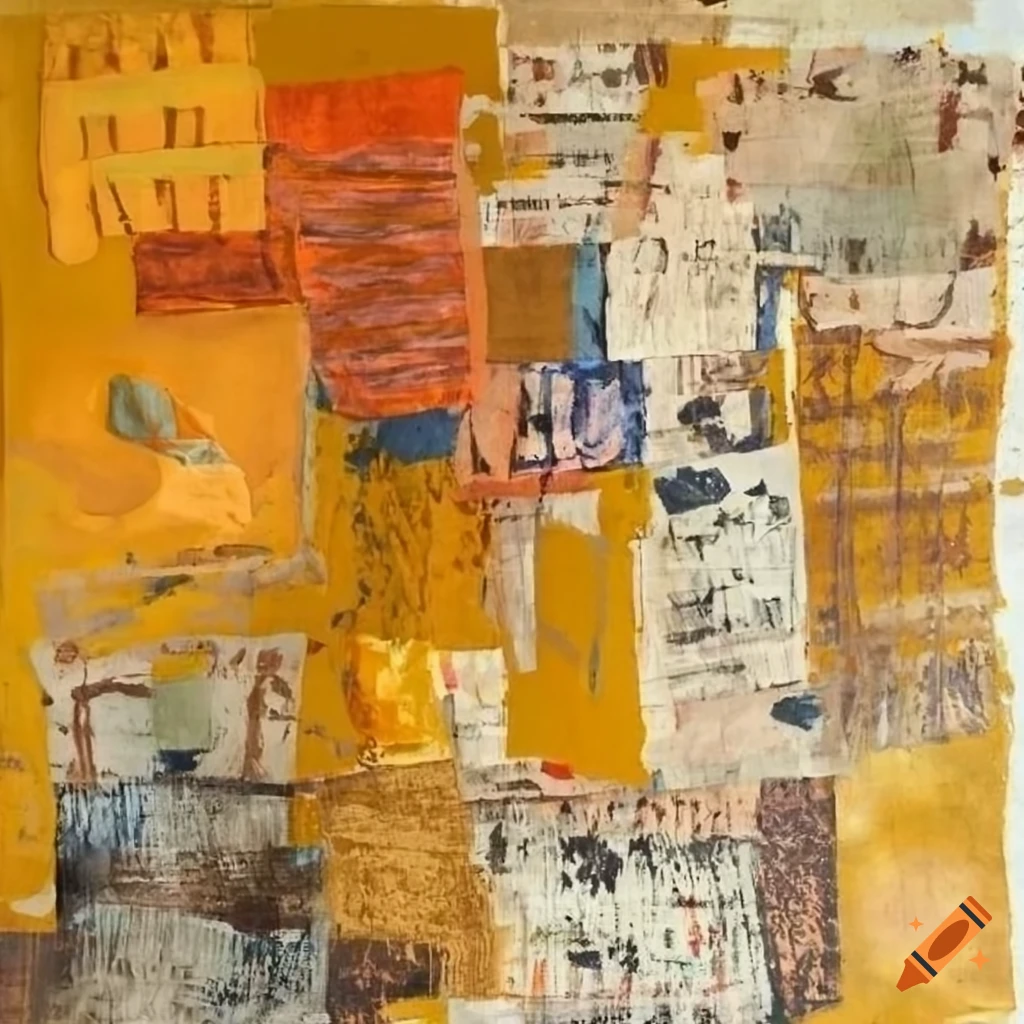 Abstract mixed media artwork with newspaper and painted textile on Craiyon