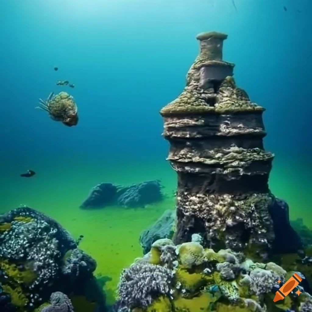 Underwater medieval defensive tower surrounded by coral reef
