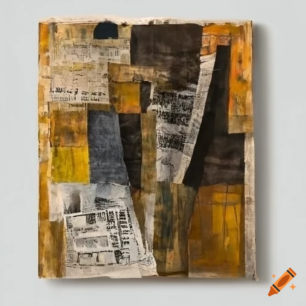 Abstract mixed media artwork with newspaper and gold elements on Craiyon