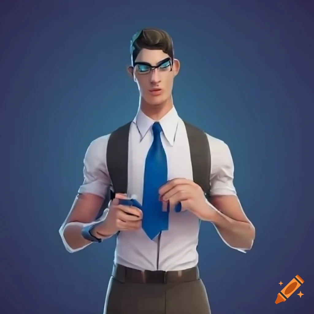 Man wearing white shirt and tie holding a blue book like fortnite character