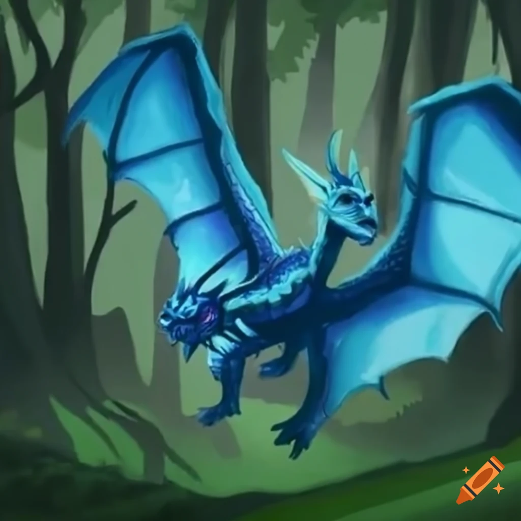 Blue dragon flying over a forest on Craiyon
