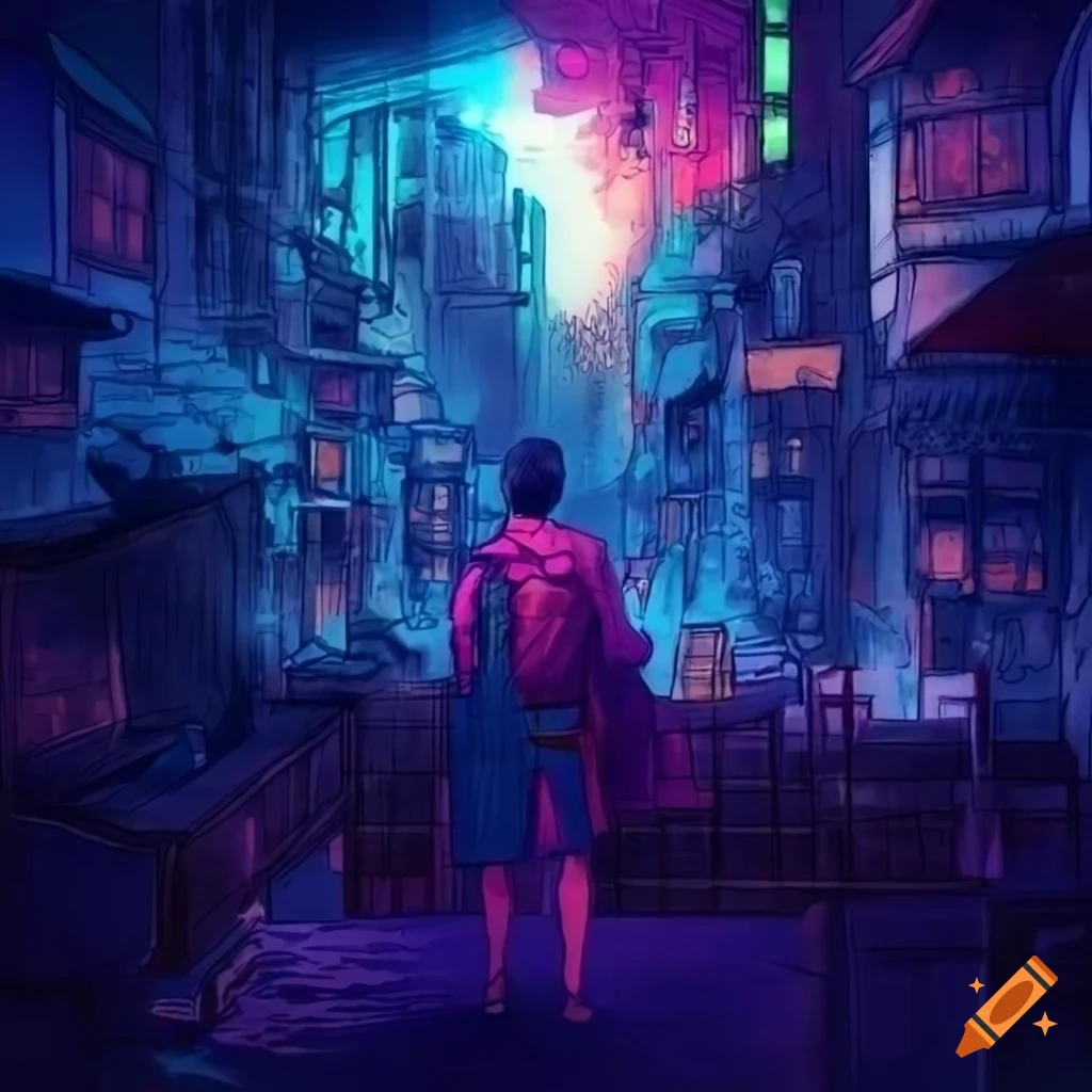 colorful ukiyo-e style illustration of a cyberpunk knight in a medieval steampunk town