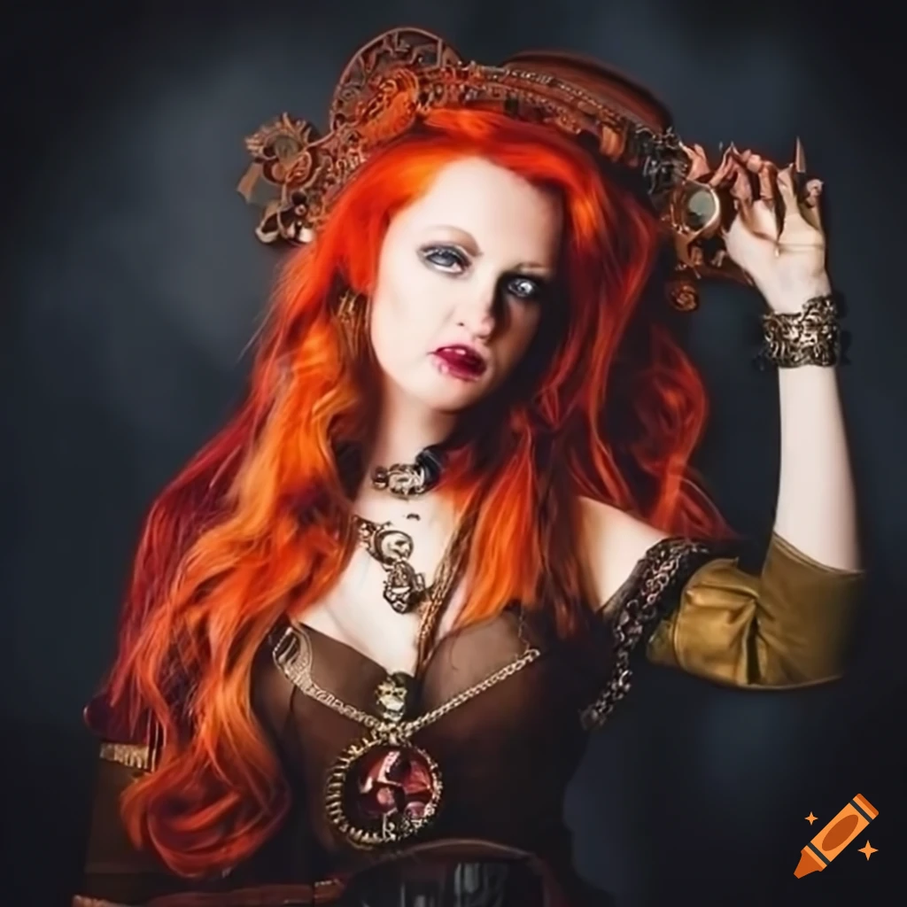 Portrait of a stunning steampunk woman with red hair