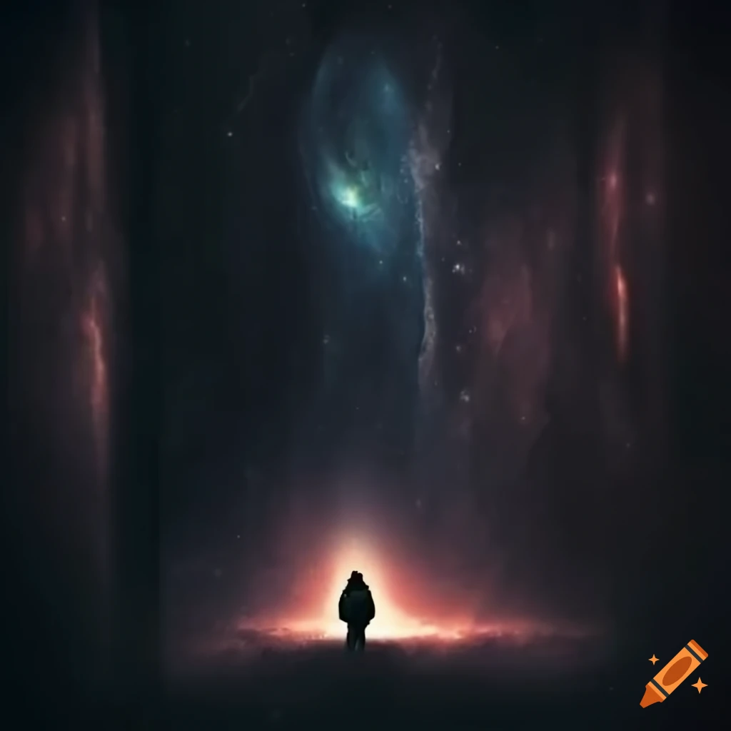 surreal depiction of a man trapped in a dark, empty galaxy