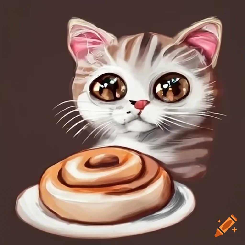 cartoon cat enjoying a cinnamon roll