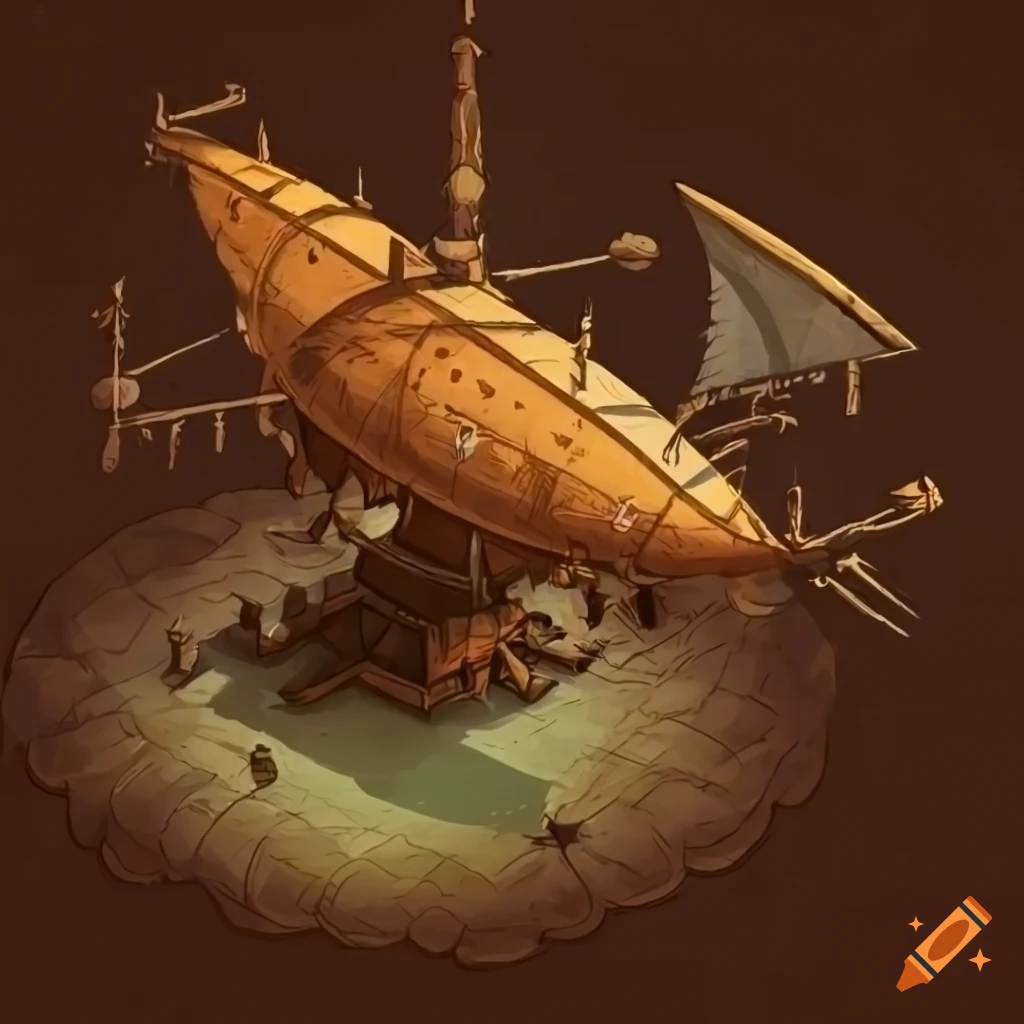 Da Vinci-inspired isometric game art of an airship