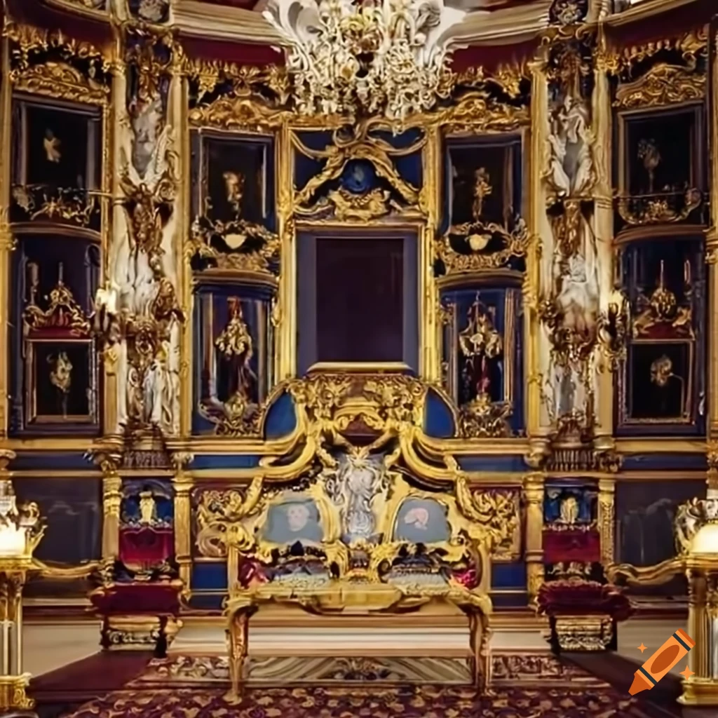 royal room with ornate wall decorations and empty frames