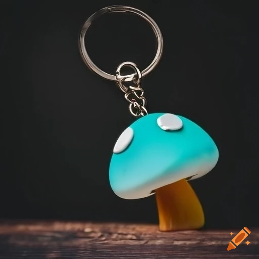 metal mushroom keychain on a table