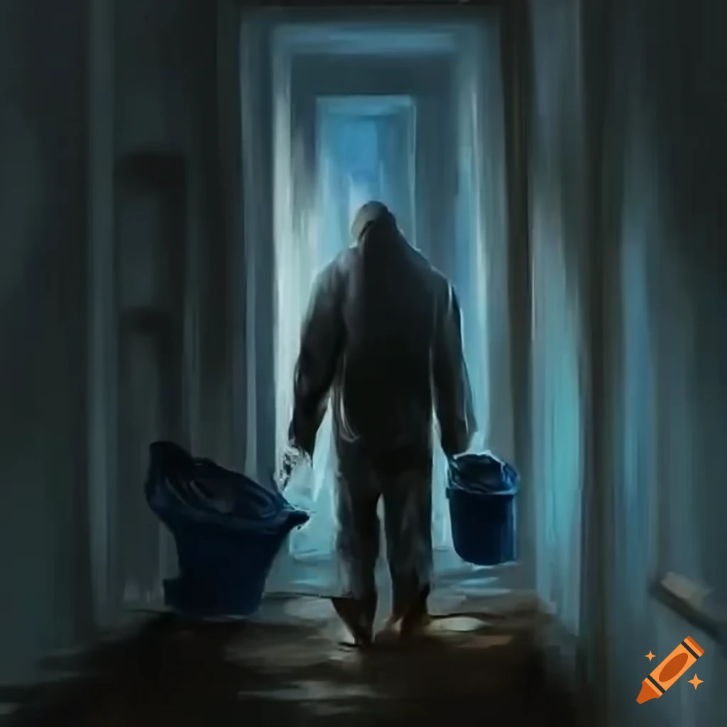 dark hallway with person walking among garbage