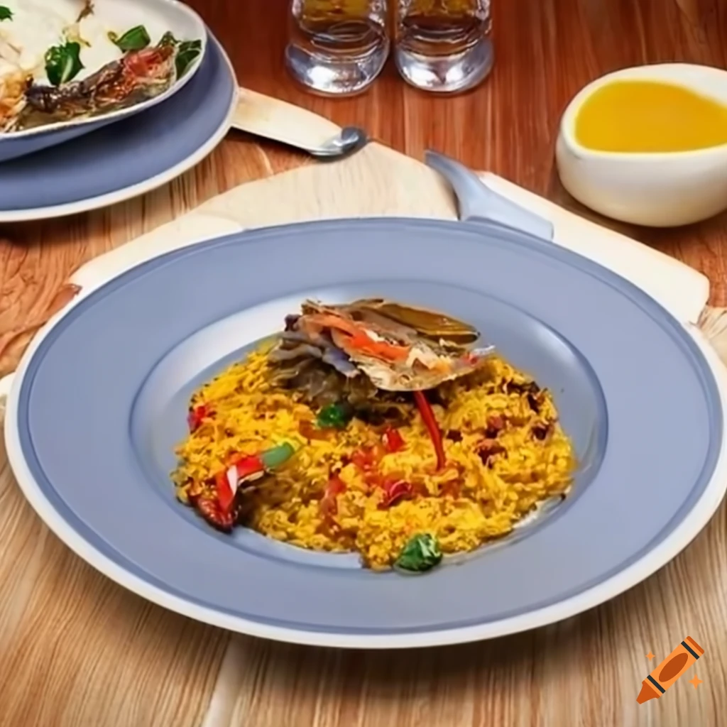 Blue shell crab dish with coconut valenciana rice on Craiyon