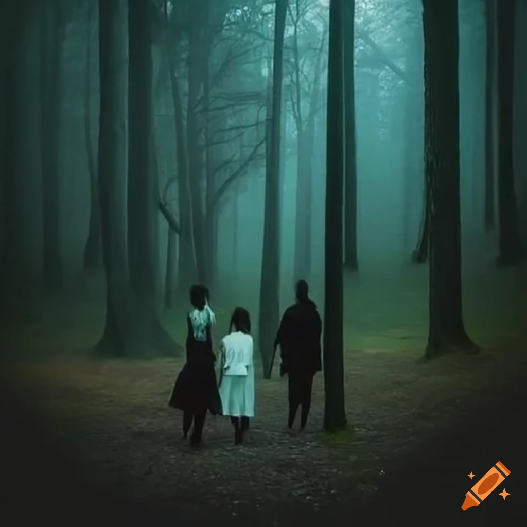 friends exploring a dark forest