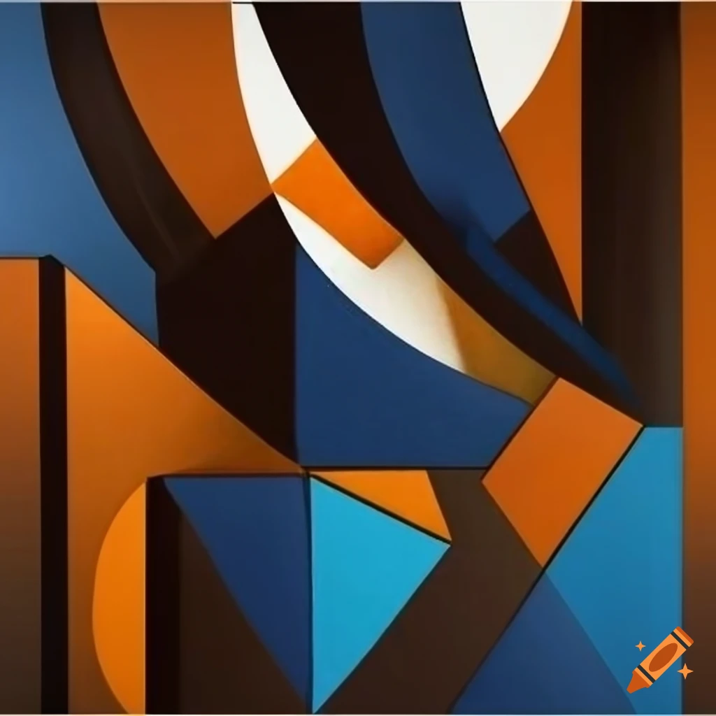abstract cubist artwork in blue, brown, orange, black, and white