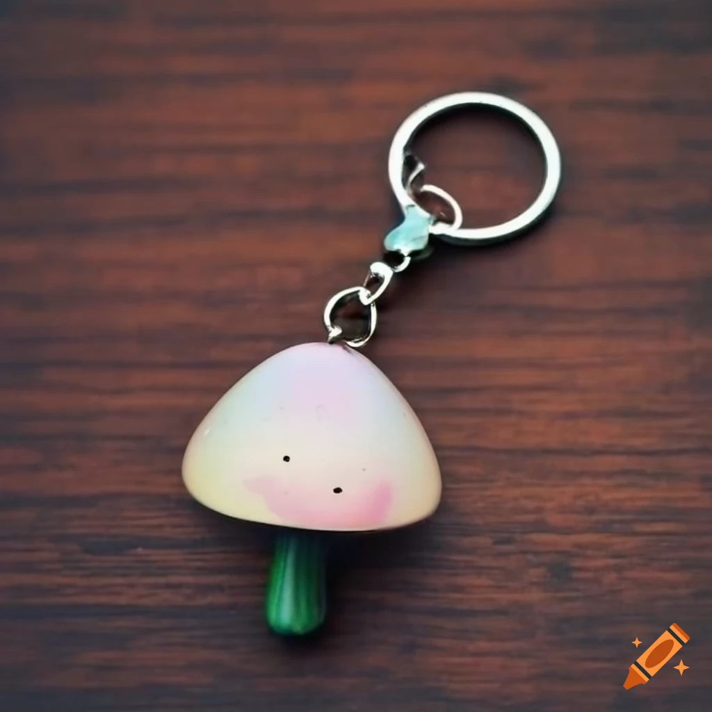 metal mushroom keychain on a table