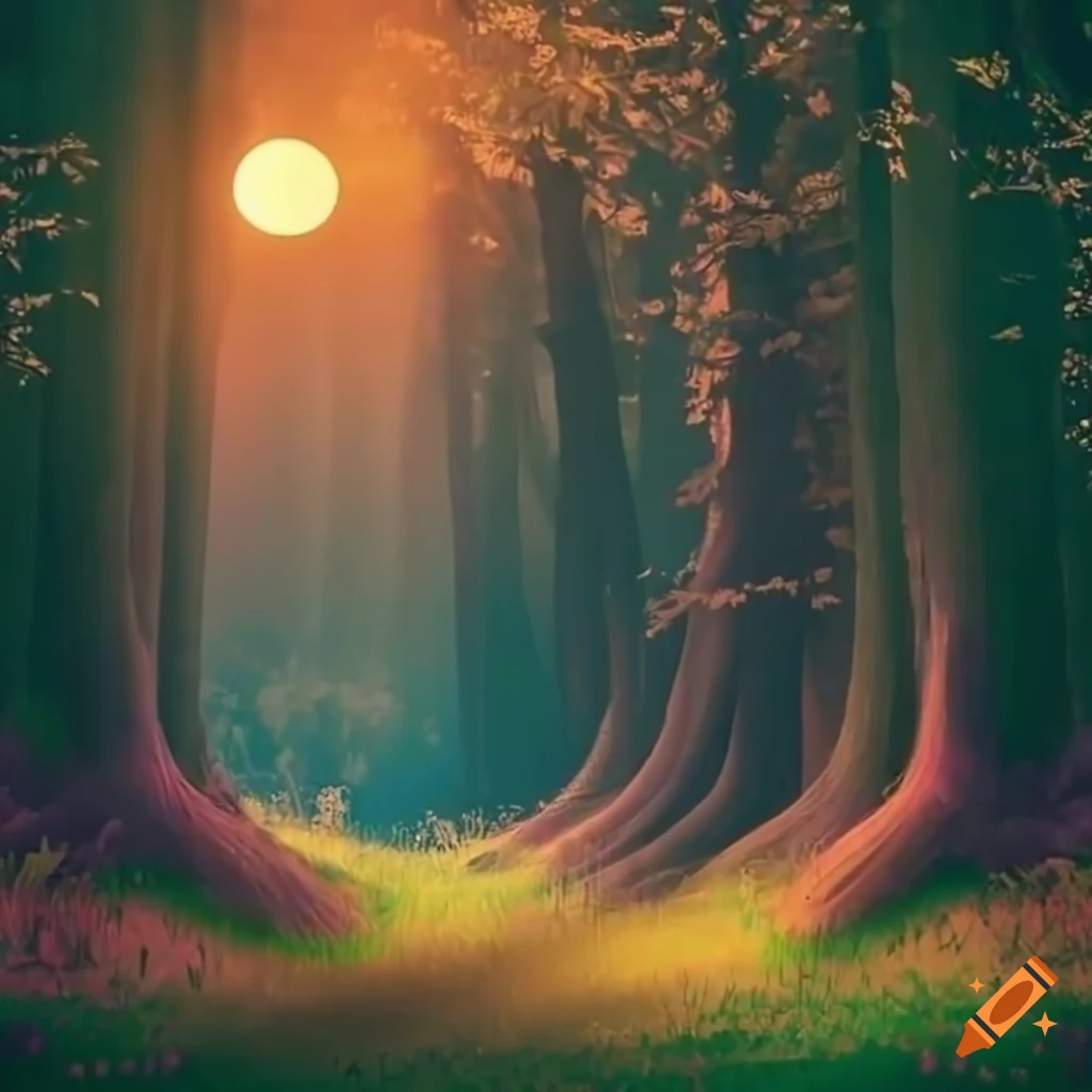 sunset over a mystical forest with a pony