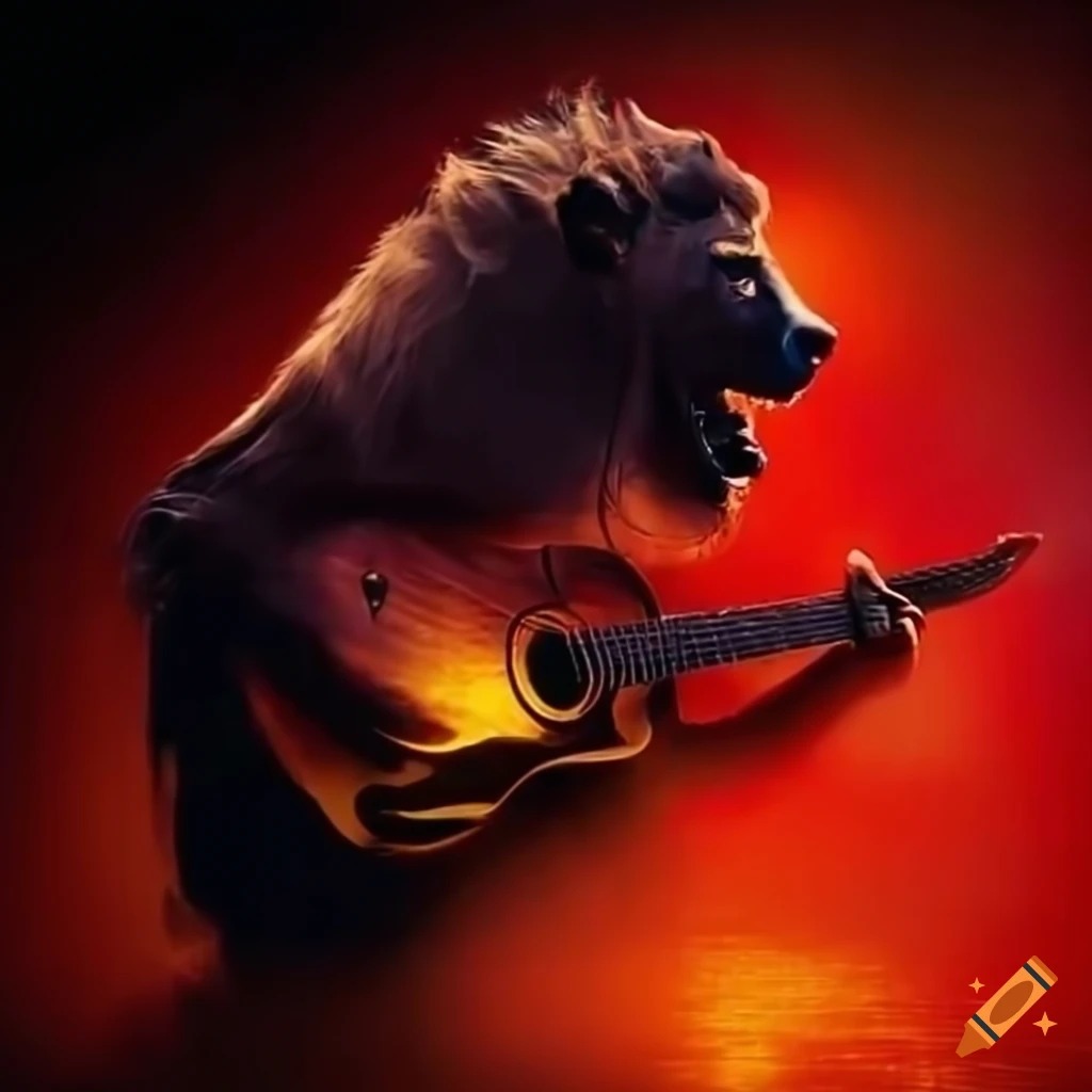Image of a lion with a guitar and the sun