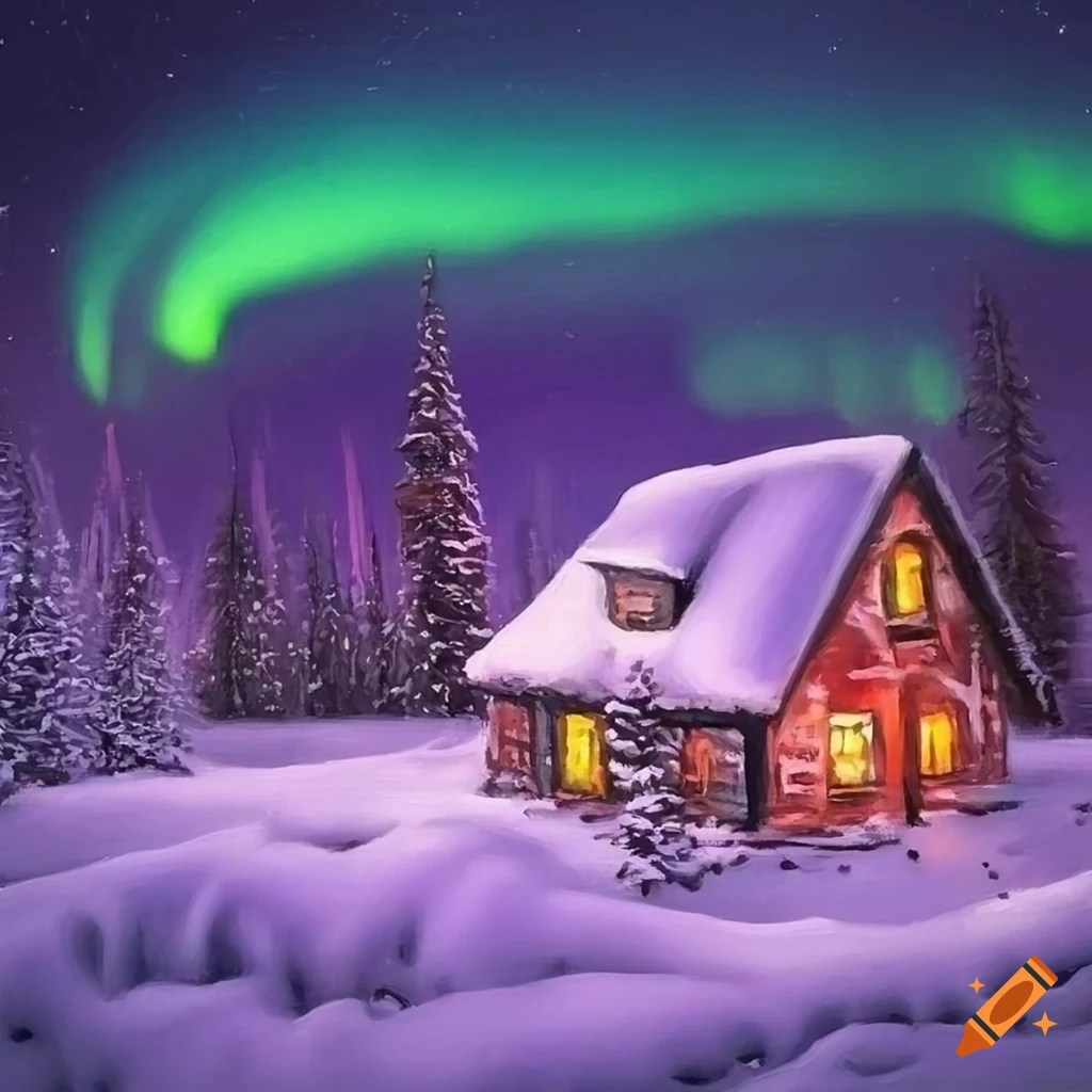 oil painting of cozy houses under the northern lights
