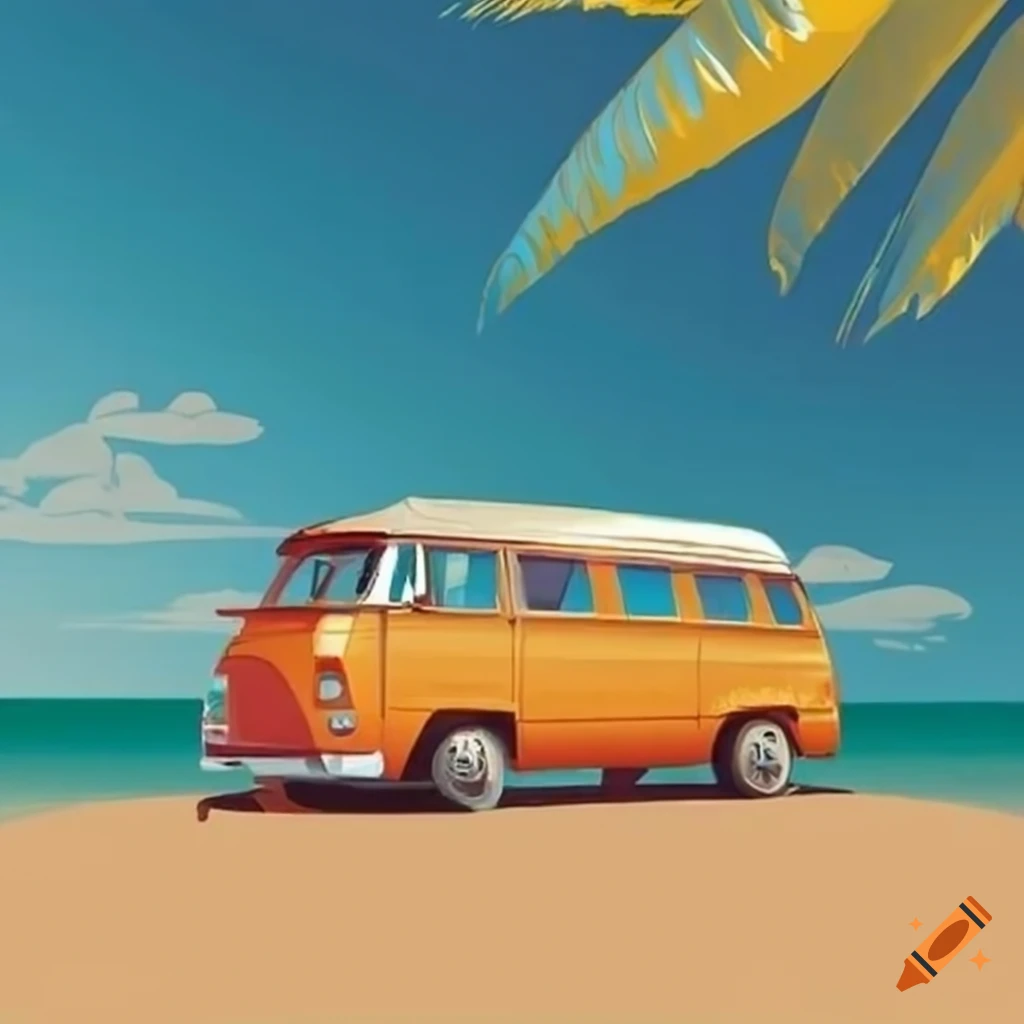 Van parked on a beach with palm trees