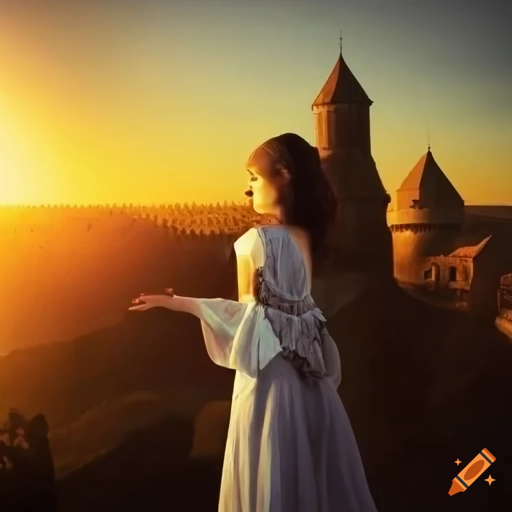 Medieval woman admiring castle at sunset on Craiyon