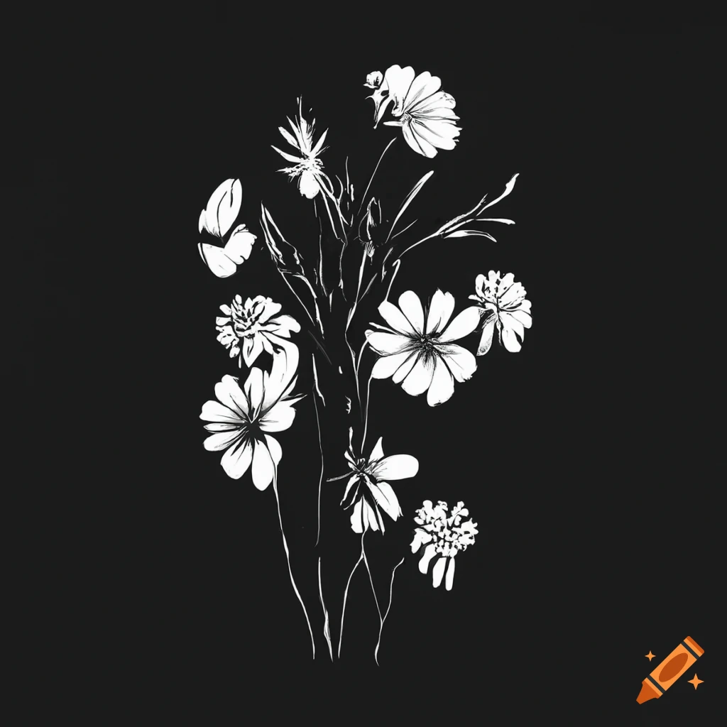 minimalistic black and white illustration of wild flowers