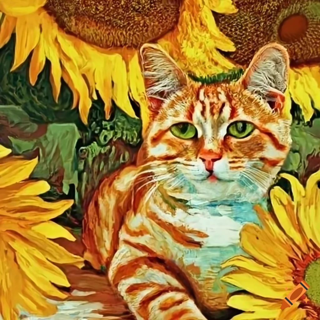 Ginger cat resting in sunflowers like van gogh painting on Craiyon