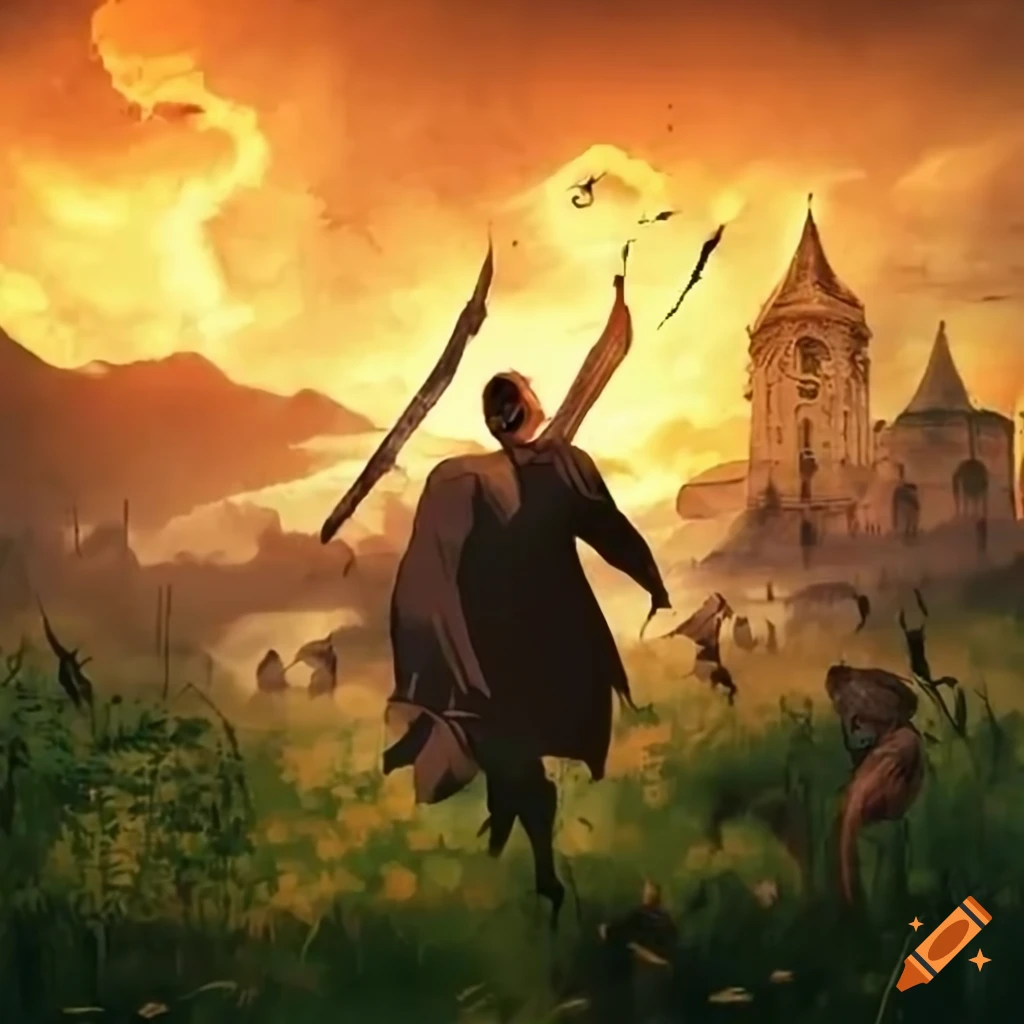 battle scene in a meadow with a spiritual message