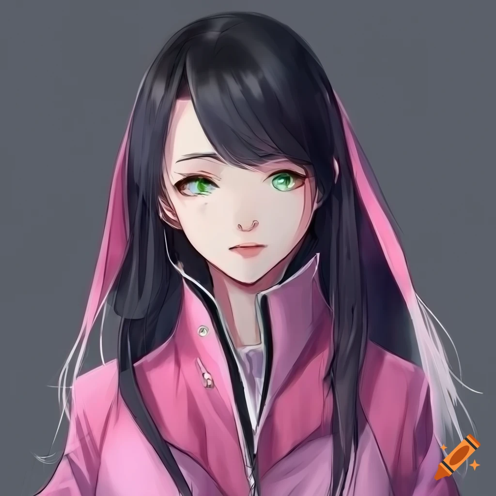 Portrait of a pretty anime woman with green eyes and long black hair on ...