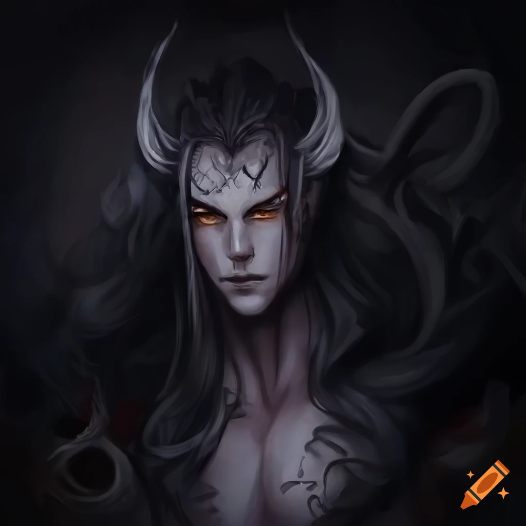 detailed portrait of a male demon with horns and white hair