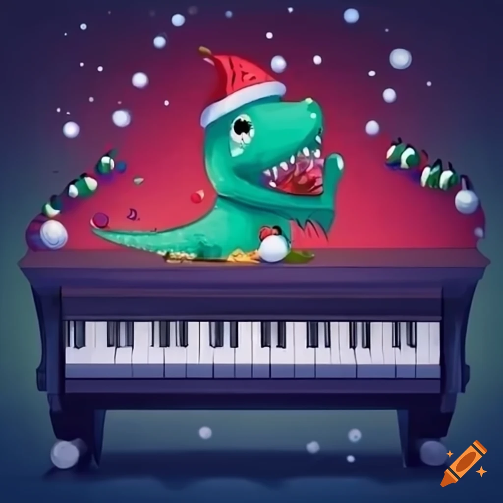 adorable Christmas dinosaur playing piano