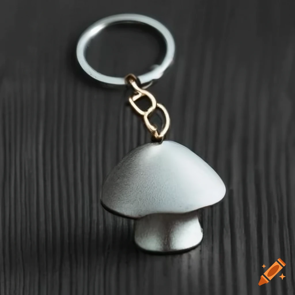 metal mushroom keychain on a table
