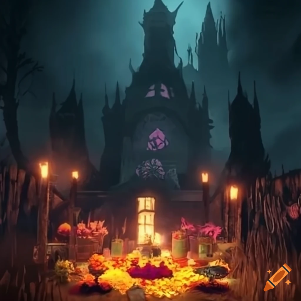 dark souls landscape with dia de los muertos theme