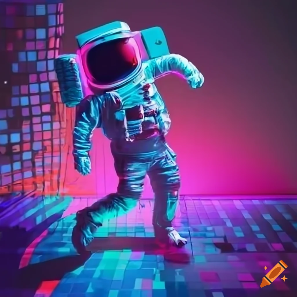 Retro disco astronaut dancing on a neon dance floor on Craiyon