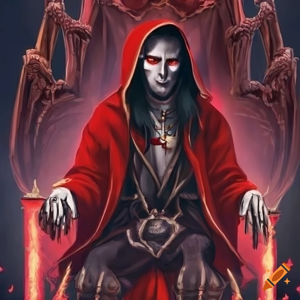 Illustration of a dark wizard on a throne with a red hoodie on Craiyon