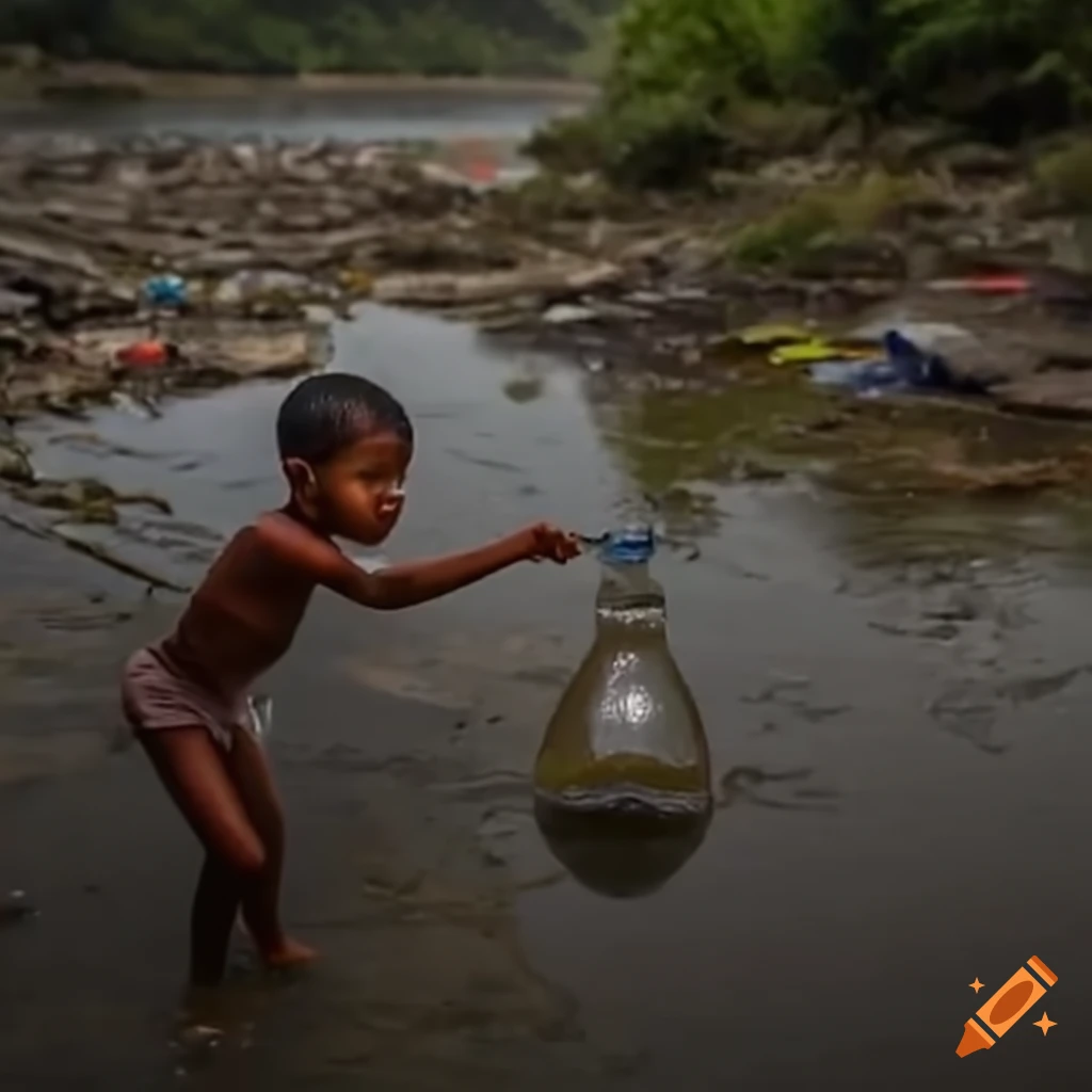 niño tomando agua de río contaminado