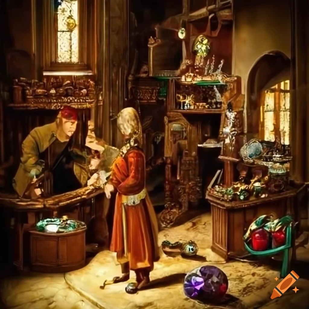 medieval gem shop with sparkling jewels