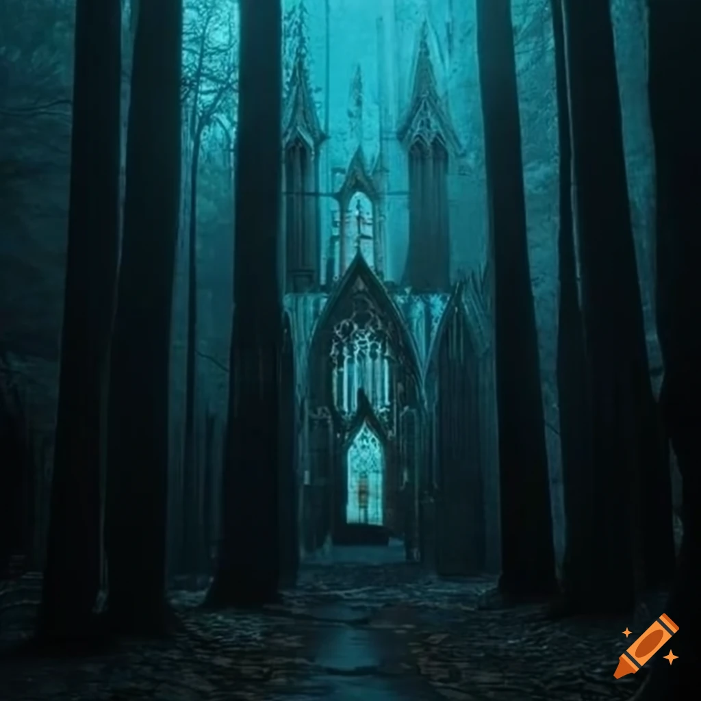 dark gothic cathedral in a forest