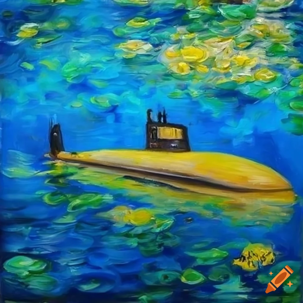 acrylic painting with Monet lily pads and a submarine