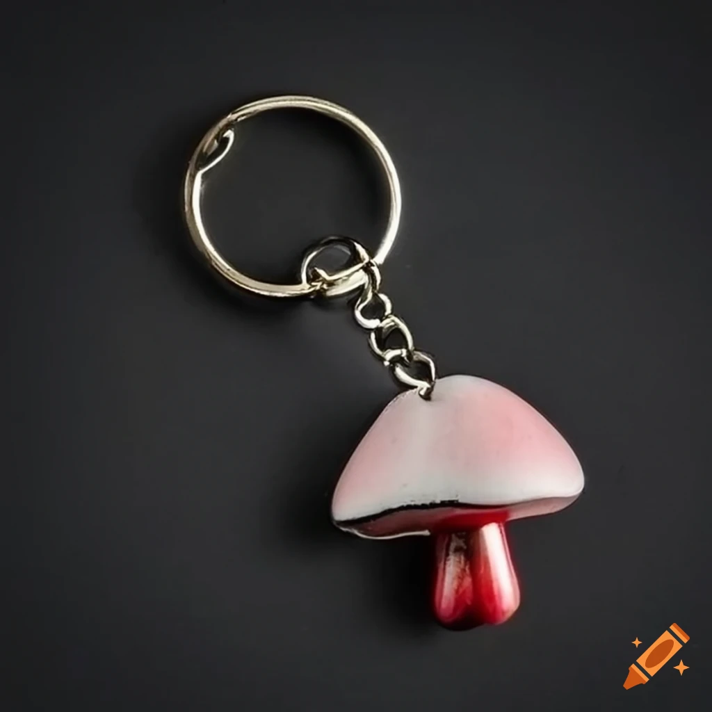 metal mushroom keychain on a table