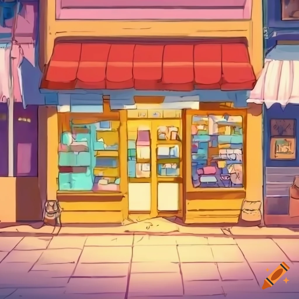 front view of a sunny anime shop