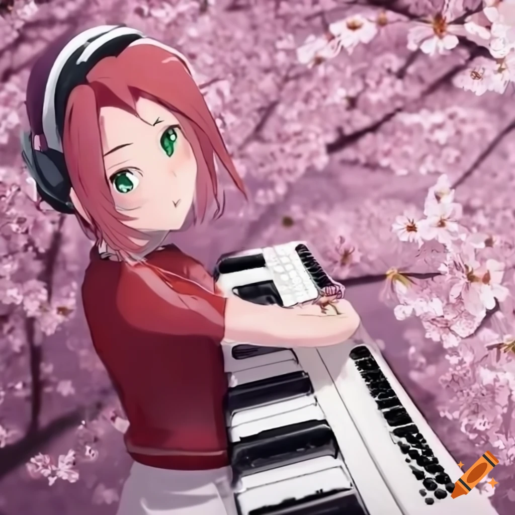 sakura hiruno playing keyboard with cherry blossom background
