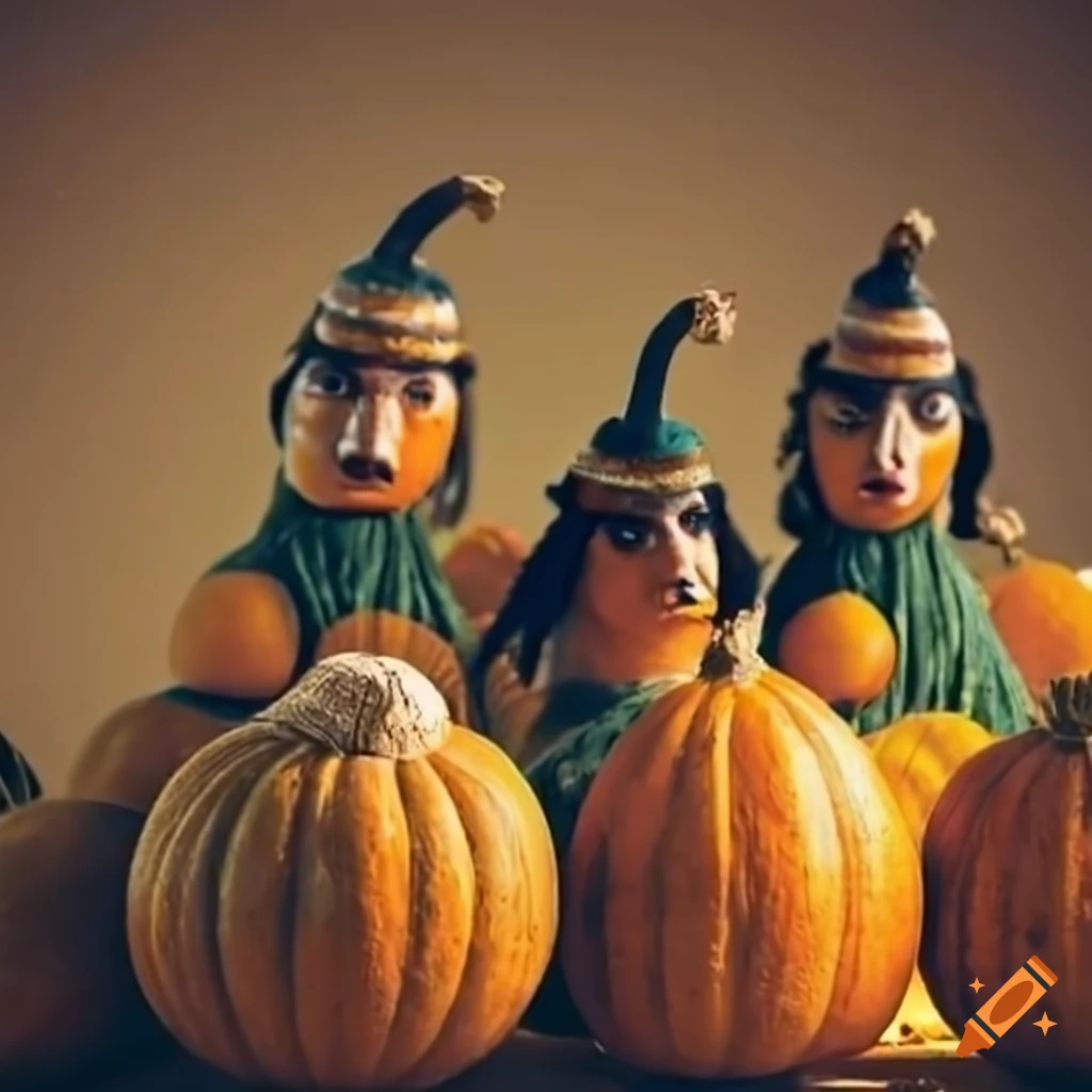celebration of a harvest festival with gourd headed people
