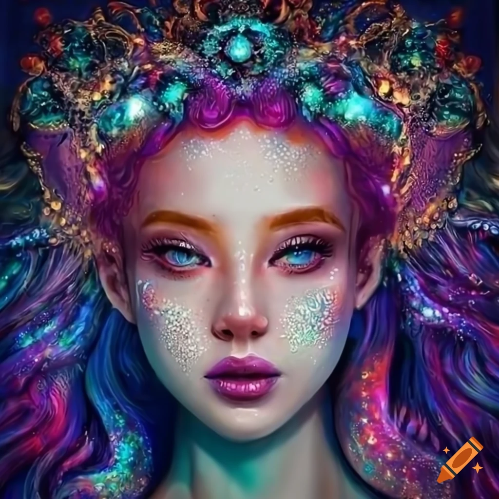 Portrait of a vibrant mermaid with glitter makeup on Craiyon