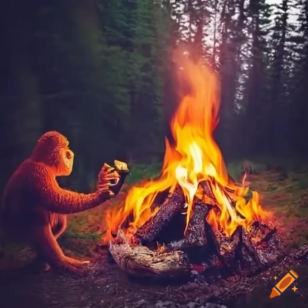 bigfoot watching a campfire while eating grilled cheese and drinking beer